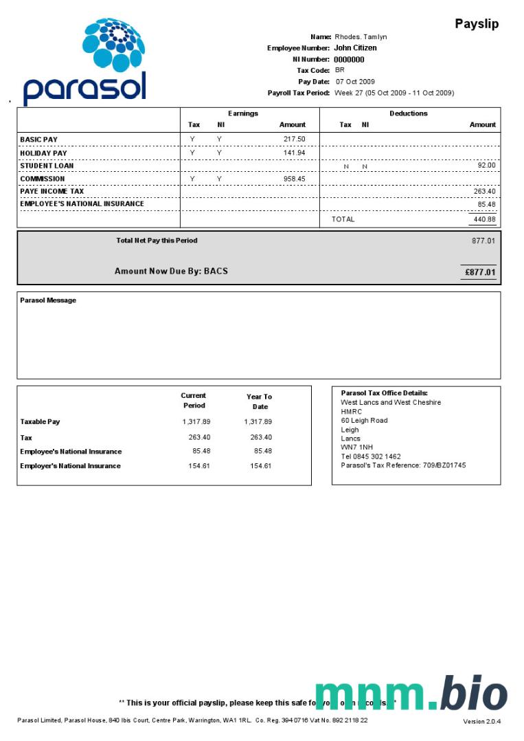 PARASOL Limited paystub w formatach Word i PDF